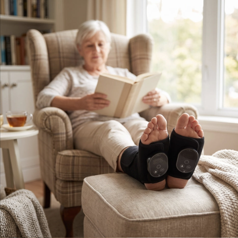 Person 60 plus avslappnad i fåtölj med PulsFlex på fötterna