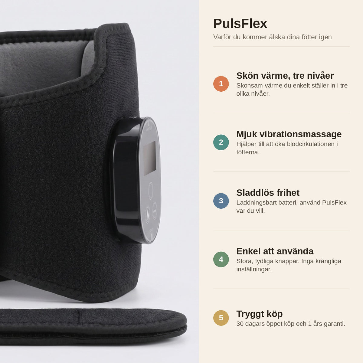 PulsFlex funktionsöversikt: skön värme i tre nivåer, mjuk vibrationsmassage, sladdlös frihet, enkel att använda och tryggt köp med 30 dagars öppet köp