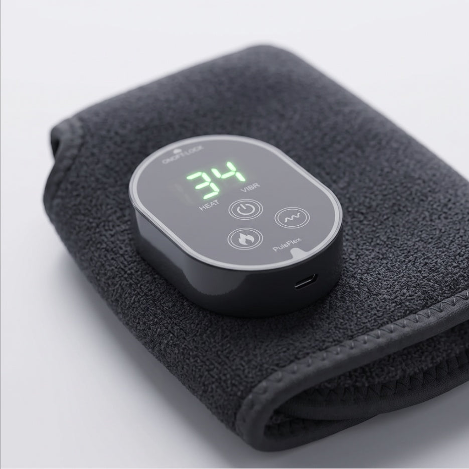 Närbild på PulsFlex kontrollpanel med värme- och vibrationsikoner