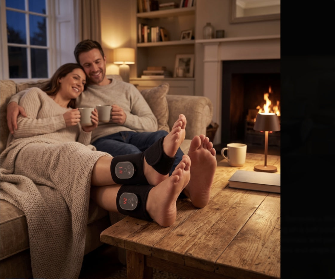 Par som kopplar av i soffan med PulsFlex på fötterna