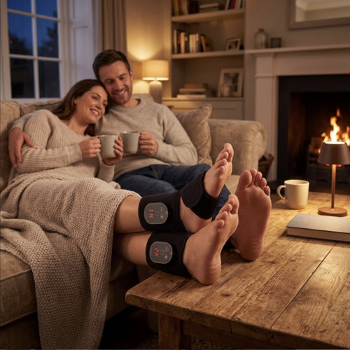 Par som kopplar av i soffan med PulsFlex på fötterna